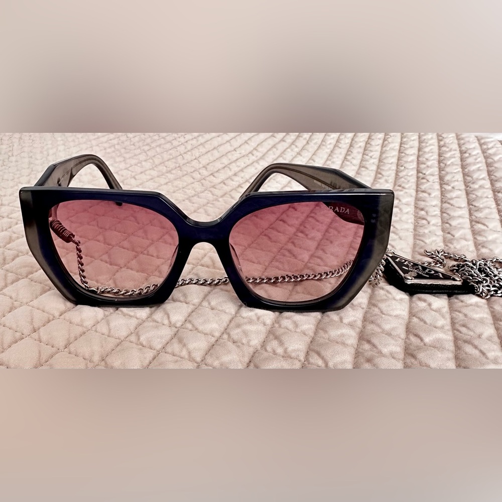 Prada Sunglasses grey acetate with chain, full box. Very good condition